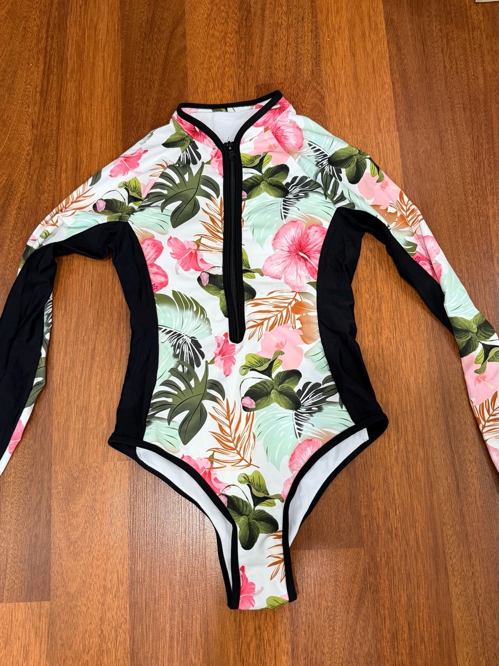 Floral Long-Sleeve Swim Coverup Bodysuit - Pink & Green